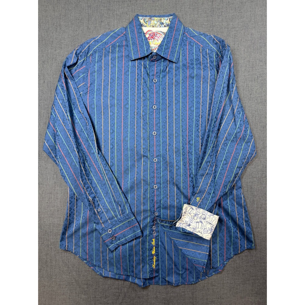 Robert Graham Mens Blue Striped Jacquard Button Down Shirt XL Classic Fit Cotton
